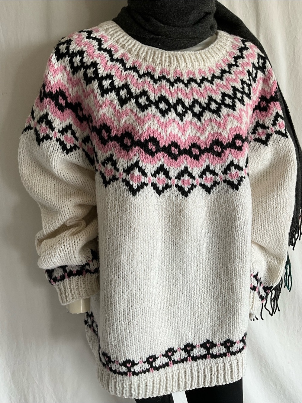 Hand Knit Fair Isle Sweater Oversized Pink Black Ivory Nordic Wool Look